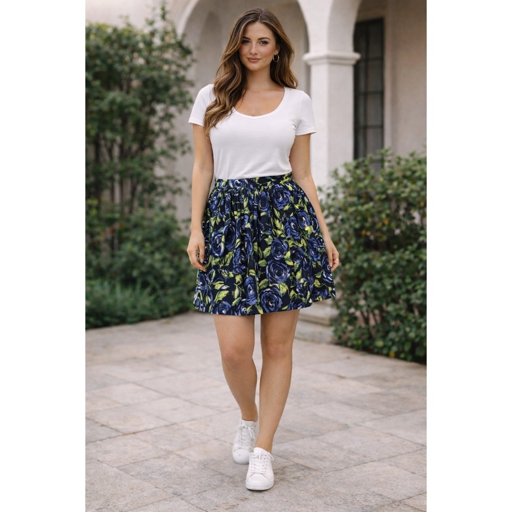 Ann Taylor LOFT Women's Size 8 Floral Print A-Line Skirt Blue Green Black Cotton